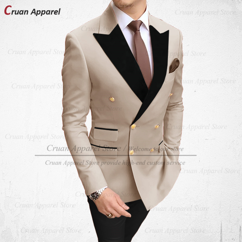 Divatos barna férfi öltönyök 2 részes karcsú szabású vőlegény vőlegény esküvői szmoking duplasoros fekete bársony hajtókás blézer nadrággal