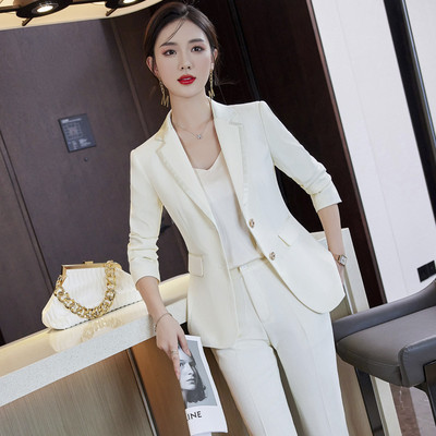 Lenshin 2 részes bézs szett női üzleti nadrág öltöny irodai női munkablézer nadrággal