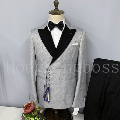 Kétrészes férfi öltöny gombos, vékonyan illeszkedő, csúcstartó szmoking vőfély (blézer+mellény+nadrág)