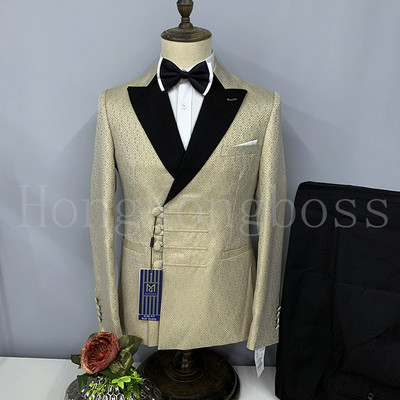 Kétrészes férfi öltöny gombos, vékonyan illeszkedő, csúcstartó szmoking vőfély (blézer+mellény+nadrág)