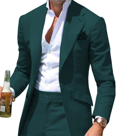 Zöld férfi öltönyök formális üzleti, bevágásos hajtókás szmoking, tömör egygombos dzseki, 2 darab vőfély esküvőre (blézer+nadrág)