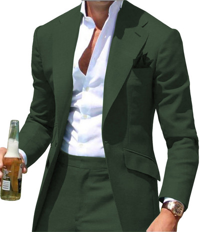 Zöld férfi öltönyök formális üzleti, bevágásos hajtókás szmoking, tömör egygombos dzseki, 2 darab vőfély esküvőre (blézer+nadrág)
