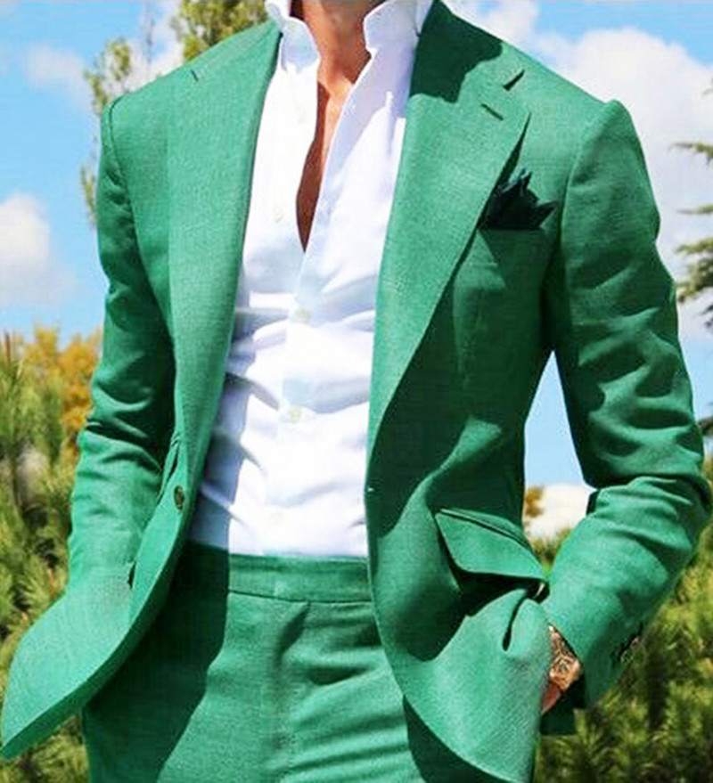 Zöld férfi öltönyök formális üzleti, bevágásos hajtókás szmoking, tömör egygombos dzseki, 2 darab vőfély esküvőre (blézer+nadrág)