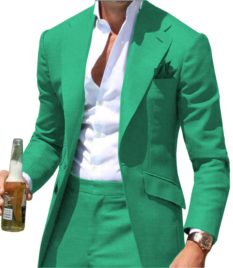 Zöld férfi öltönyök formális üzleti, bevágásos hajtókás szmoking, tömör egygombos dzseki, 2 darab vőfély esküvőre (blézer+nadrág)