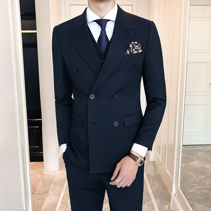 Férfi 2 részes, kétsoros férfi öltönyök, vékony szabású férfi szmokingok esküvői vőlegényeknek (kabát+nadrág)