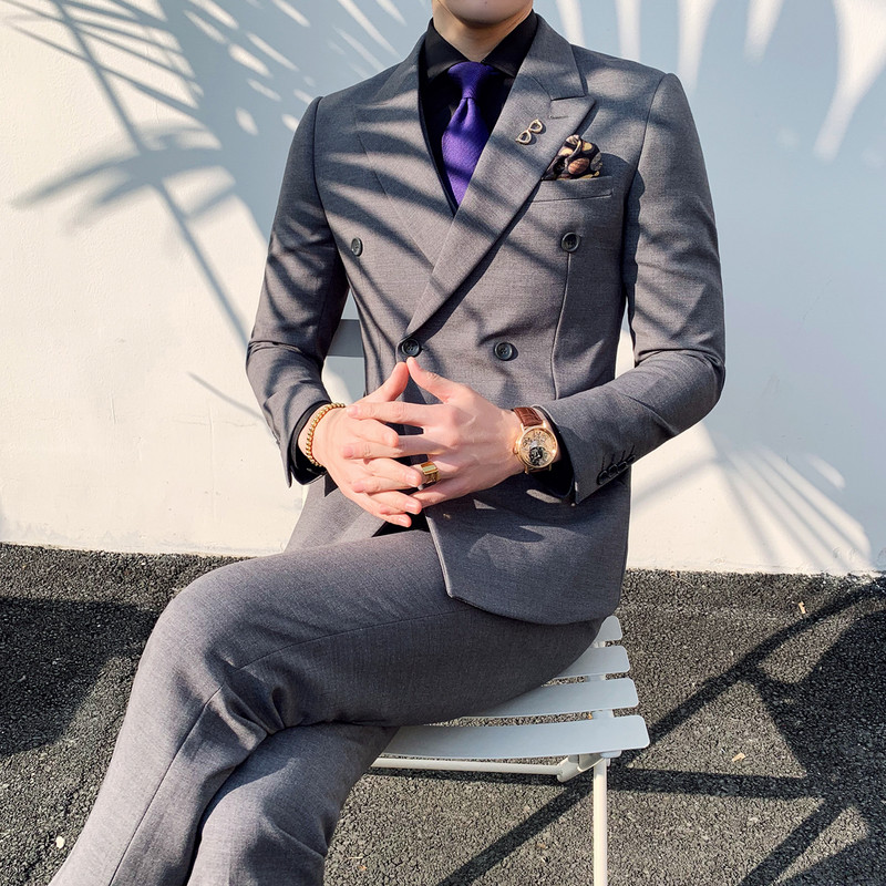 Férfi 2 részes, kétsoros férfi öltönyök, vékony szabású férfi szmokingok esküvői vőlegényeknek (kabát+nadrág)