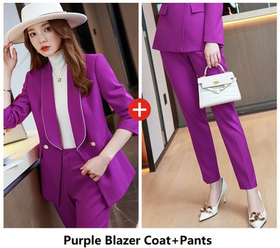 Újdonság Lila formális női öltönyök blézerkabáttal és nadrággal Interjú Karrier Női Irodai Munkaruházat Nadrágruhák Blézerek