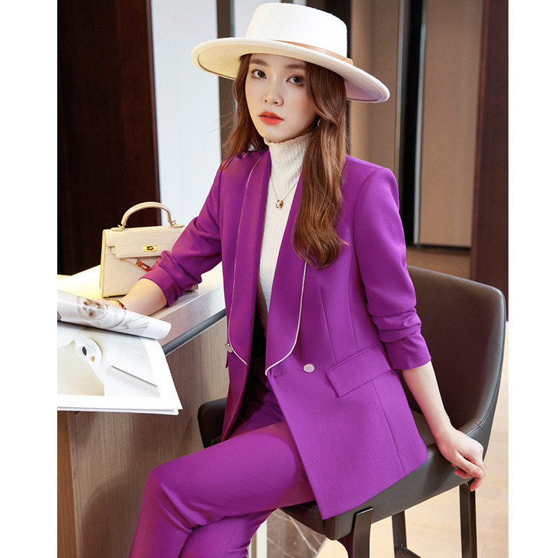 Újdonság Lila formális női öltönyök blézerkabáttal és nadrággal Interjú Karrier Női Irodai Munkaruházat Nadrágruhák Blézerek