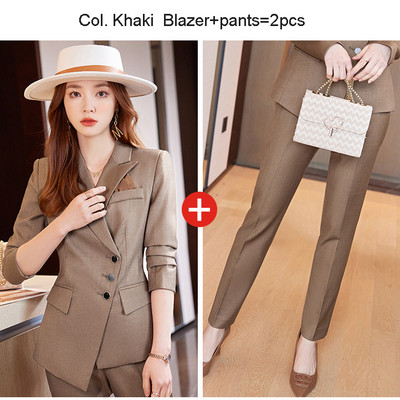 Női blézer öltöny szett 2 részes dupla mellű irodai női formális viselet szürke khaki színű őszi téli blézerhez
