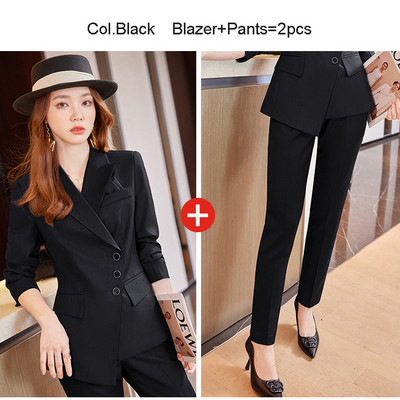 Női blézer öltöny szett 2 részes dupla mellű irodai női formális viselet szürke khaki színű őszi téli blézerhez