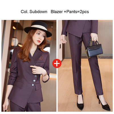 Női blézer öltöny szett 2 részes dupla mellű irodai női formális viselet szürke khaki színű őszi téli blézerhez