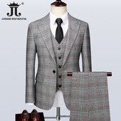( Blézer + mellény + nadrág ) Csúcskategóriás márkájú szürke kockás férfi irodai öltöny Háromrészes vőlegény esküvői ruha parti öltöny