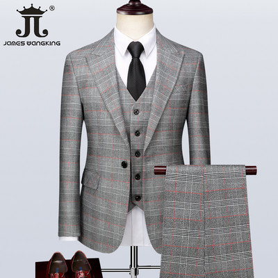 ( Blézer + mellény + nadrág ) Csúcskategóriás márkájú szürke kockás férfi irodai öltöny Háromrészes vőlegény esküvői ruha parti öltöny