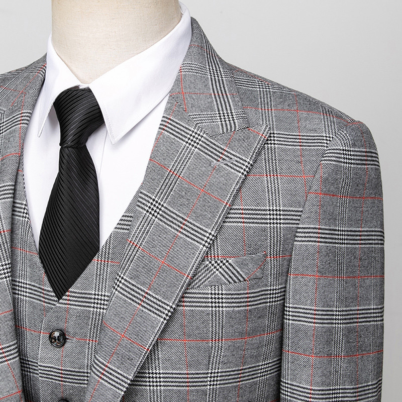 ( Blézer + mellény + nadrág ) Csúcskategóriás márkájú szürke kockás férfi irodai öltöny Háromrészes vőlegény esküvői ruha parti öltöny
