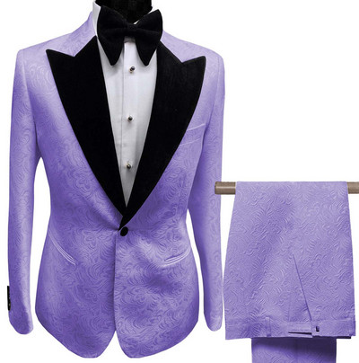 Férfi öltönyök gallér, 2 db fehér, lila nyomott öltöny vőlegény dzseki szmoking esküvői ruha estére (blézer + nadrág)