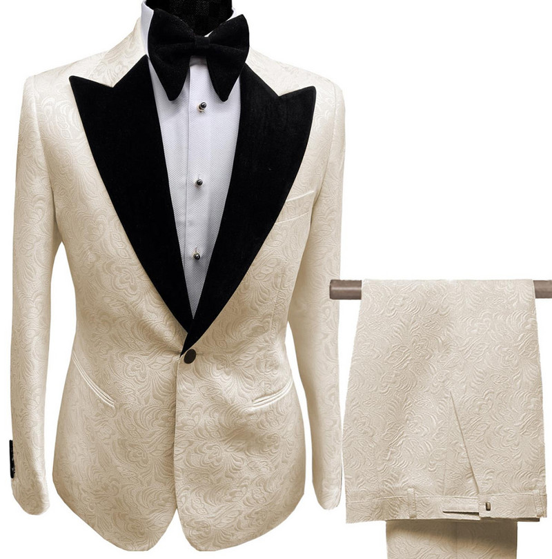 Férfi öltönyök gallér, 2 db fehér, lila nyomott öltöny vőlegény dzseki szmoking esküvői ruha estére (blézer + nadrág)