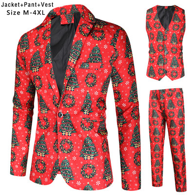 Santa Claus Printing Christmas 3 Pieces Blazer Vest Pants Fashion One Breasted Slim Ανδρικό ριγέ Σετ Terno Masculino M-4XL