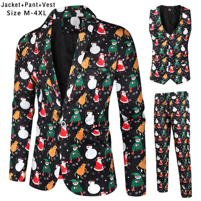 Santa Claus Printing Christmas 3 Pieces Blazer Vest Pants Fashion One Breasted Slim Ανδρικό ριγέ Σετ Terno Masculino M-4XL