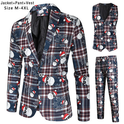 Santa Claus Printing Christmas 3 Pieces Blazer Vest Pants Fashion One Breasted Slim Ανδρικό ριγέ Σετ Terno Masculino M-4XL