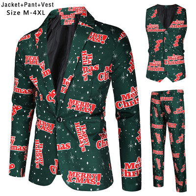 Santa Claus Printing Christmas 3 Pieces Blazer Vest Pants Fashion One Breasted Slim Ανδρικό ριγέ Σετ Terno Masculino M-4XL