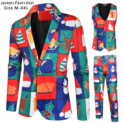 Santa Claus Printing Christmas 3 Pieces Blazer Vest Pants Fashion One Breasted Slim Ανδρικό ριγέ Σετ Terno Masculino M-4XL