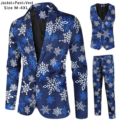 Santa Claus Printing Christmas 3 Pieces Blazer Vest Pants Fashion One Breasted Slim Ανδρικό ριγέ Σετ Terno Masculino M-4XL