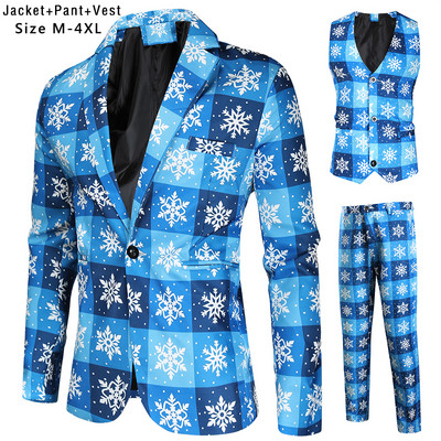 Santa Claus Printing Christmas 3 Pieces Blazer Vest Pants Fashion One Breasted Slim Ανδρικό ριγέ Σετ Terno Masculino M-4XL