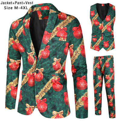 Santa Claus Printing Christmas 3 Pieces Blazer Vest Pants Fashion One Breasted Slim Ανδρικό ριγέ Σετ Terno Masculino M-4XL