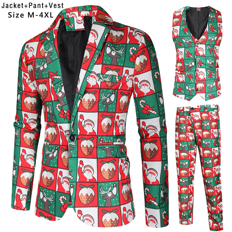 Santa Claus Printing Christmas 3 Pieces Blazer Vest Pants Fashion One Breasted Slim Ανδρικό ριγέ Σετ Terno Masculino M-4XL