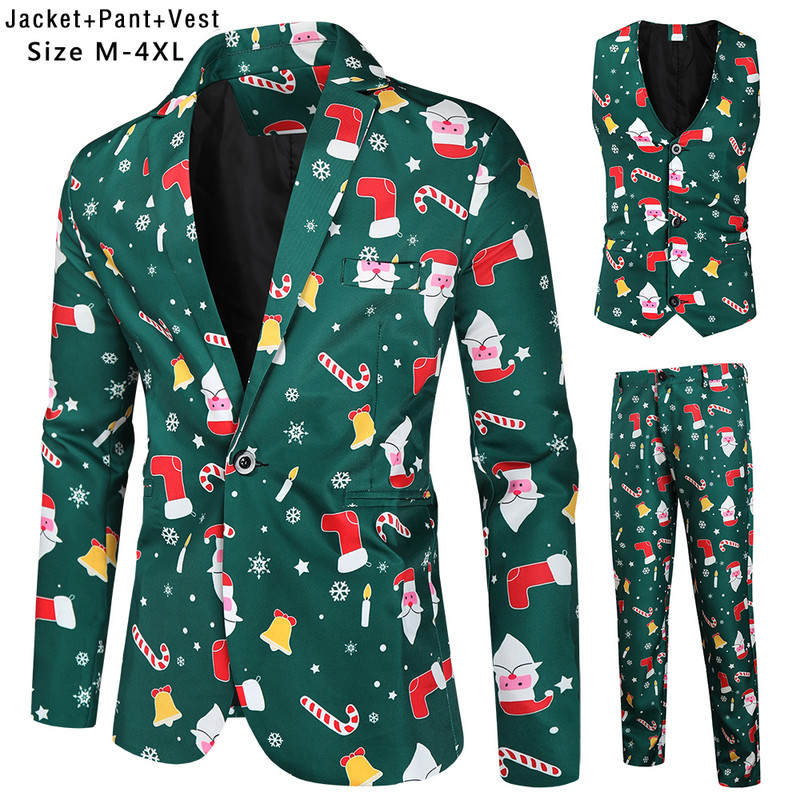 Santa Claus Printing Christmas 3 Pieces Blazer Vest Pants Fashion One Breasted Slim Ανδρικό ριγέ Σετ Terno Masculino M-4XL
