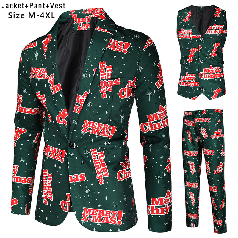 Santa Claus Printing Christmas 3 Pieces Blazer Vest Pants Fashion One Breasted Slim Ανδρικό ριγέ Σετ Terno Masculino M-4XL