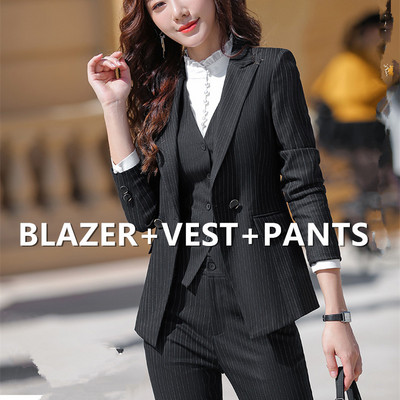 Κομψό σετ 3 τεμαχίων Γυναικεία ριγέ επίσημα κοστούμια παντελονιού για γραφείο Γυναικεία επαγγελματική δουλειά Στολή μπουφάν Γιλέκο Παντελόνι Ρούχα