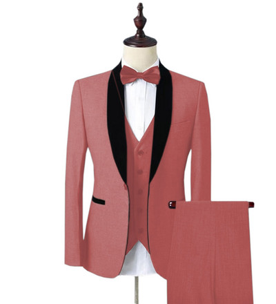 Ανδρική βελούδινη φόρμα 3 τεμαχίων με ένα κουμπί με σάλι κουμπάρου, σμόκιν μπλέιζερ για γάμο, πάρτι (Blazer+Γιλέκο+Παντελόνι)