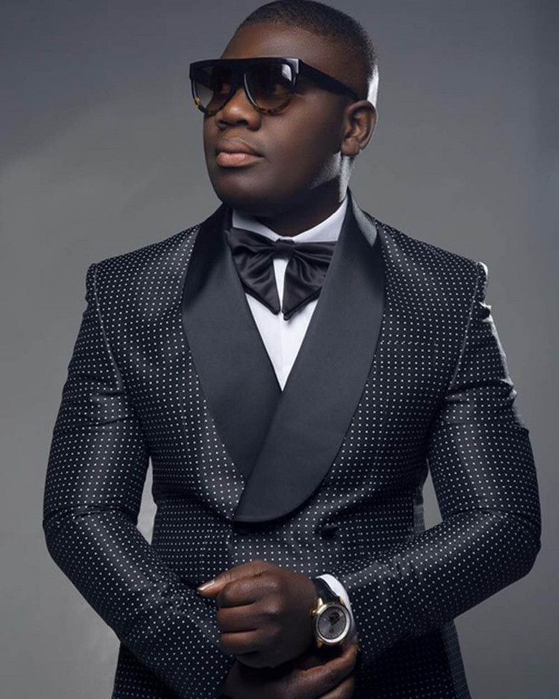 Νέο ανδρικό κοστούμι 2 τεμαχίων μαύρες κουκκίδες 2020 με παντελόνι Διπλό σάλι, σαλόνι, σμόκιν γαμπρός για γάμο