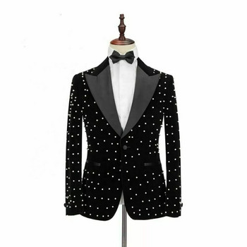 2022 Crystal Beading Μαύρο Velvet Ανδρικά Κοστούμια Κοστούμια Homme Groom Tuxedos Wedding Terno Masculino Slim Fit 3 Pieces Party Blazer
