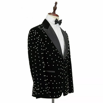 2022 Crystal Beading Μαύρο Velvet Ανδρικά Κοστούμια Κοστούμια Homme Groom Tuxedos Wedding Terno Masculino Slim Fit 3 Pieces Party Blazer