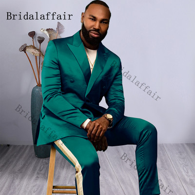Bridalaffair Τελευταία Πράσινα Σχέδια Peacock Shinny Tuxedo 2022 Slim Fit Παντελόνι για πάρτι Ανδρικό φόρεμα με διπλό στήθος νυφικό