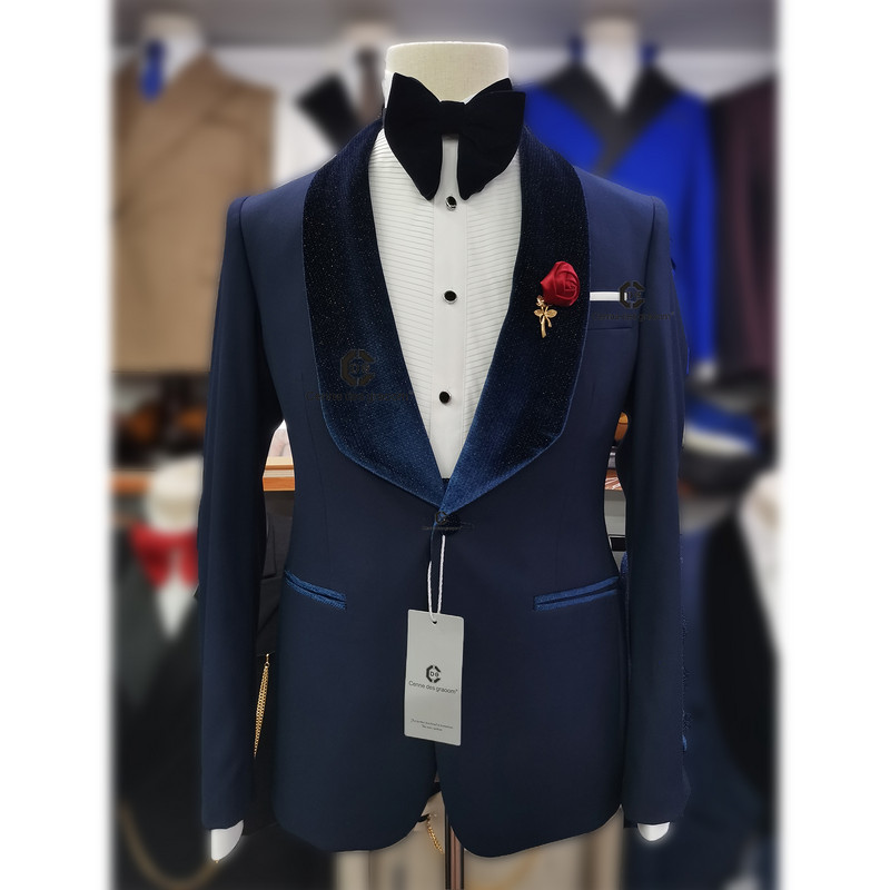 Cenne Des Graoom 2022 Νέο σχέδιο Navy Blue γυαλιστερό βελούδινο πέτο κοστούμια για άνδρες Δώρο Wedding Party Blazer Παντελόνι 3 τεμαχίων