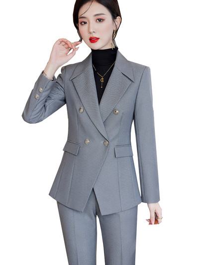 Πράσινο γκρι μακρυμάνικο γυναικείο επίσημο κοστούμι παντελόνι Γυναικείο γυναικείο επαγγελματικό φόρεμα 2 τεμαχίων με κουμπιά Διακόσμηση σακάκι και παντελόνι