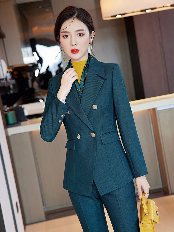 Πράσινο γκρι μακρυμάνικο γυναικείο επίσημο κοστούμι παντελόνι Γυναικείο γυναικείο επαγγελματικό φόρεμα 2 τεμαχίων με κουμπιά Διακόσμηση σακάκι και παντελόνι