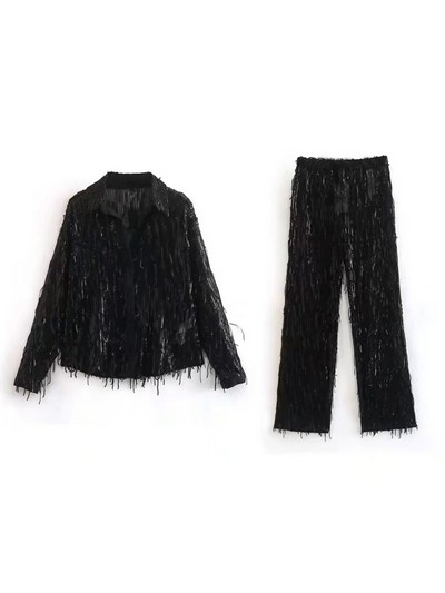 Kumsvag Γυναικεία Summer Solid 2 τεμάχια Σετ Κοστούμια 2022 Μόδα Φούντες Πουκάμισο σιφόν Μπλούζες και παντελόνια Γυναικεία κοστούμια δρόμου Ρούχα