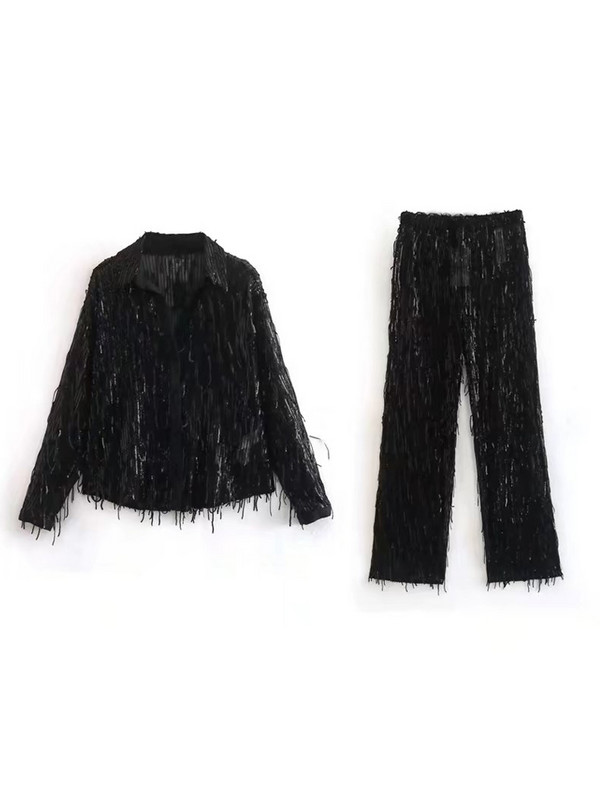 Kumsvag Γυναικεία Summer Solid 2 τεμάχια Σετ Κοστούμια 2022 Μόδα Φούντες Πουκάμισο σιφόν Μπλούζες και παντελόνια Γυναικεία κοστούμια δρόμου Ρούχα