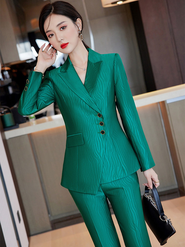 Χακί πράσινο μαύρο ριγέ γυναικείο κοστούμι παντελόνι γραφείο Γυναικείο επαγγελματικό φόρεμα 2 τεμαχίων Γυναικείο επίσημο σακάκι και παντελόνι