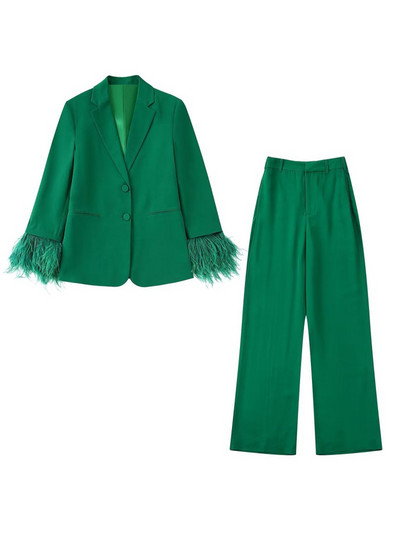 Kumsvag 2022 Καλοκαίρι Γυναικεία Παντελόνια Σετ 2 τεμαχίων Casual Solid Feather Blazers Παλτό και παντελόνι Γυναικείο Κομψό Κοστούμι OL Ρούχα