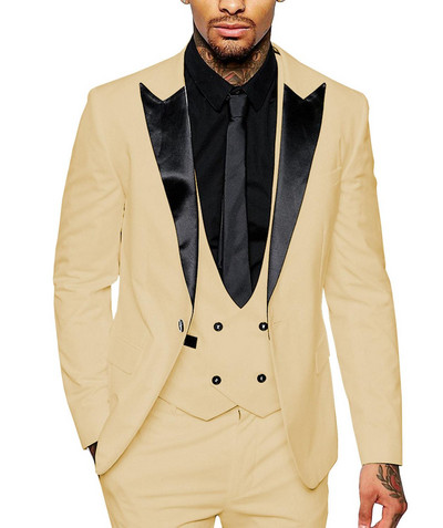 Ανδρικό κοστούμι casual επίσημο 3 τεμαχίων Επαγγελματικοί κουμπάροι Γκρι Λευκό Σαμπανιζέ πέτο σμόκιν για γάμου+παντελόνι+γιλέκο