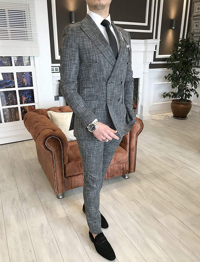 Ανδρική Μόδα 2 τεμαχίων Ανδρικό κοστούμι Διπλό Σμόκιν Κουμπάρους για Γάμο (Μπλάζερ+Παντελόνι)