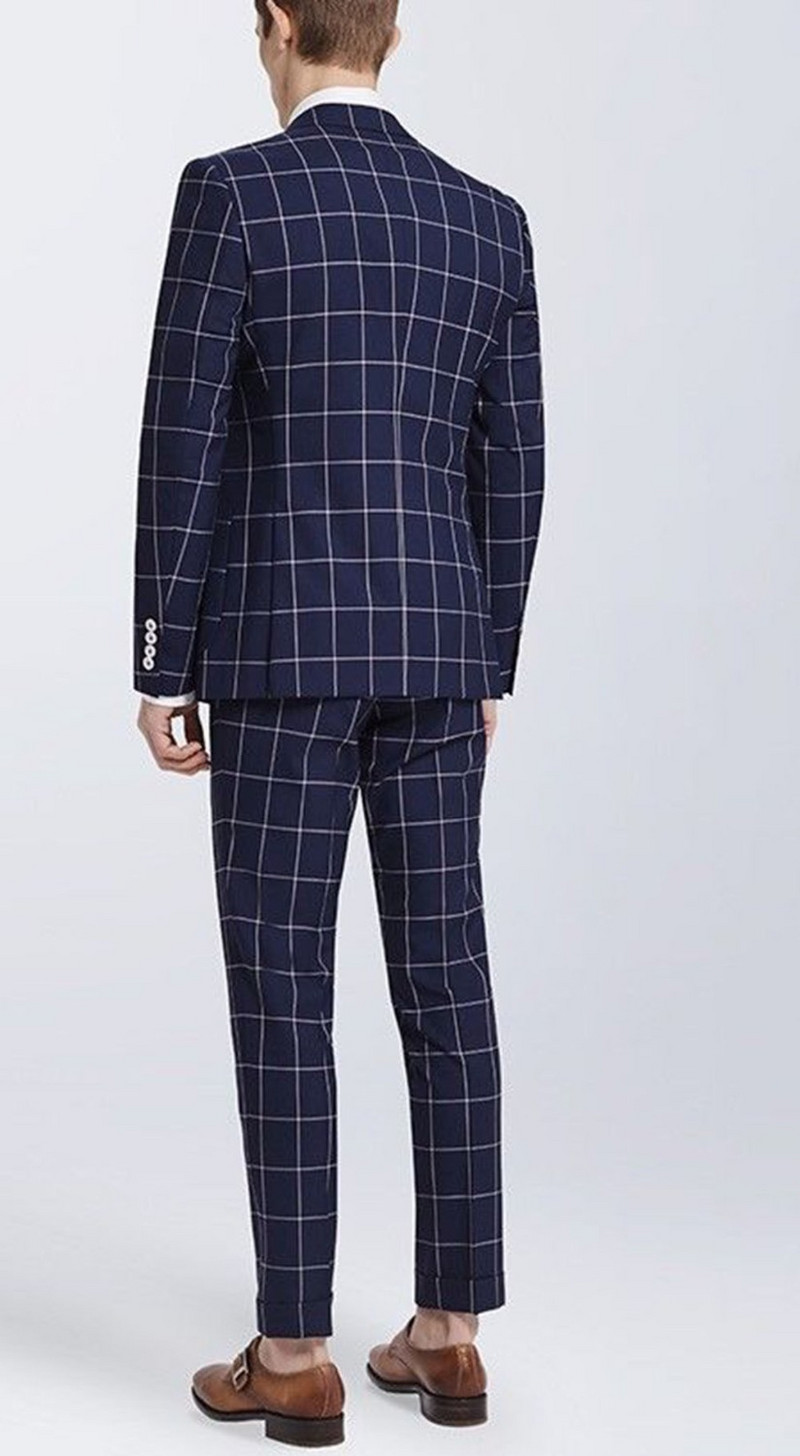 2 τεμάχια Ανδρικά Ναυτικά καρό Σμόκιν Επίσημα νυφικά νυφικών (Μπλάζερ+Παντελόνι)