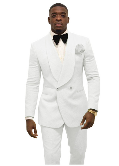 Ανδρικές φόρμες 2 τεμαχίων Επίσημο λεπτό σακάκι Σάλι Πέτο Λευκό Μαύρο Champange Προσαρμοσμένο κοστούμι Σμόκιν για τον γαμπρό (Μπλάζερ + Παντελόνι)
