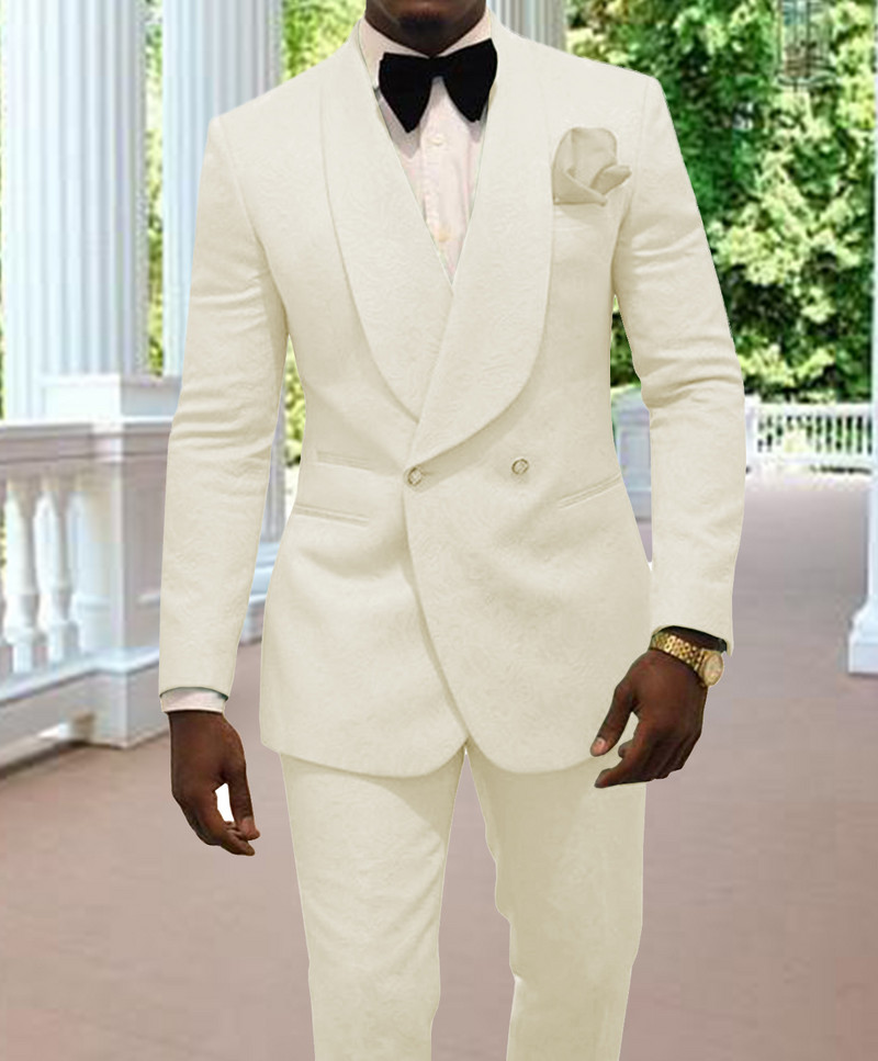 Ανδρικές φόρμες 2 τεμαχίων Επίσημο λεπτό σακάκι Σάλι Πέτο Λευκό Μαύρο Champange Προσαρμοσμένο κοστούμι Σμόκιν για τον γαμπρό (Μπλάζερ + Παντελόνι)