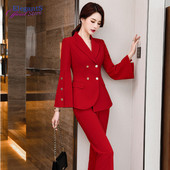 Μόδα Κόκκινο Χρώμα Διπλό Σετ Μπλέιζερ Γυναικεία Παντελόνια Κοστούμια Γραφείου Κυρία Επαγγελματική Εργασία Επίσημο Παντελόνι Γυναικείο 2022 Νέο